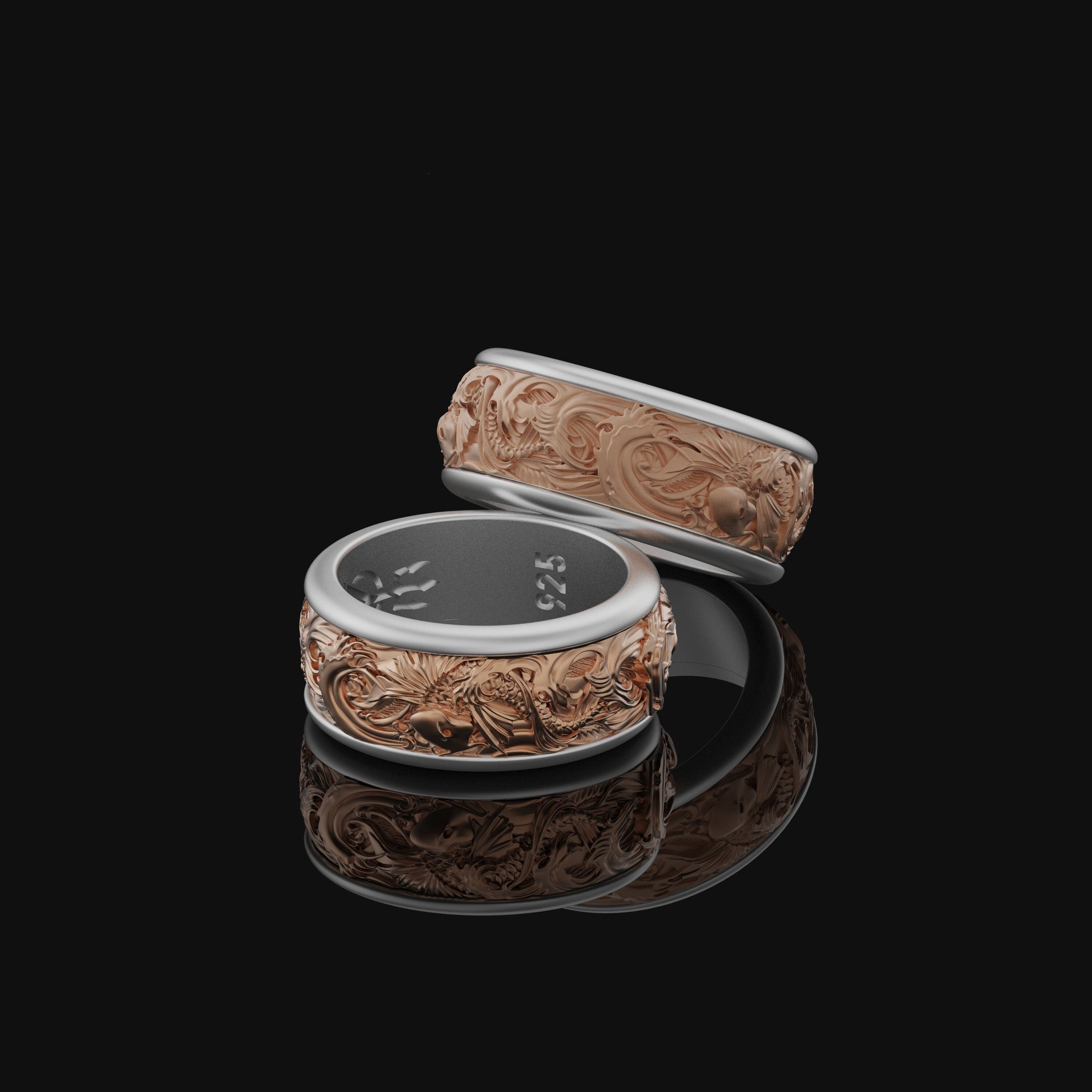 Spinning Carps & Waves Wedding Band, Sterling Silver, Engravable, Tri-Color Design, Unique Nautical Bridal Jewelry
