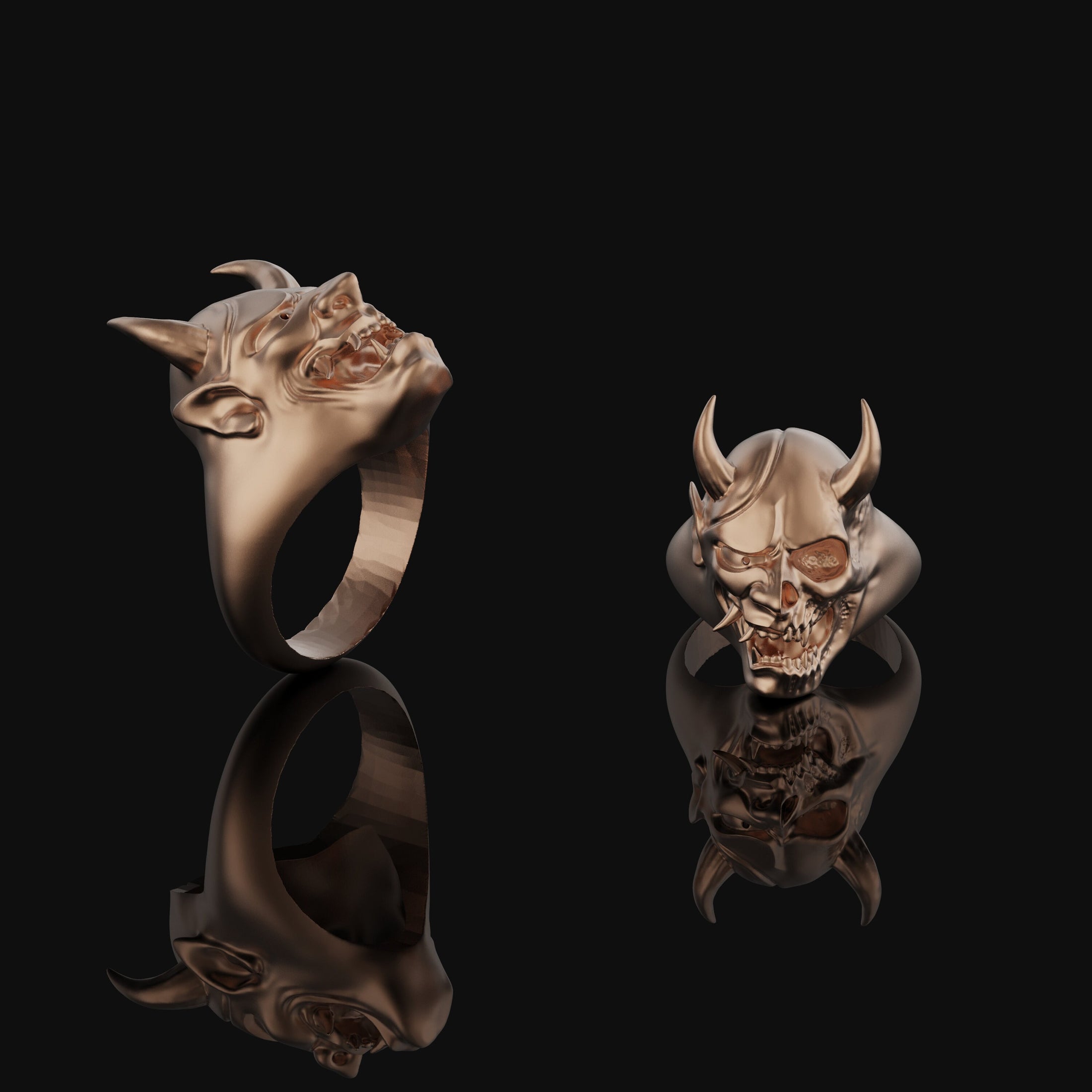 Silver Dead Oni Ring, Half-Breed Oni-Hannya Design, Japanese Skull Ring, Unique Yokai Inspired Jewelry, Cultural Mythology Piece