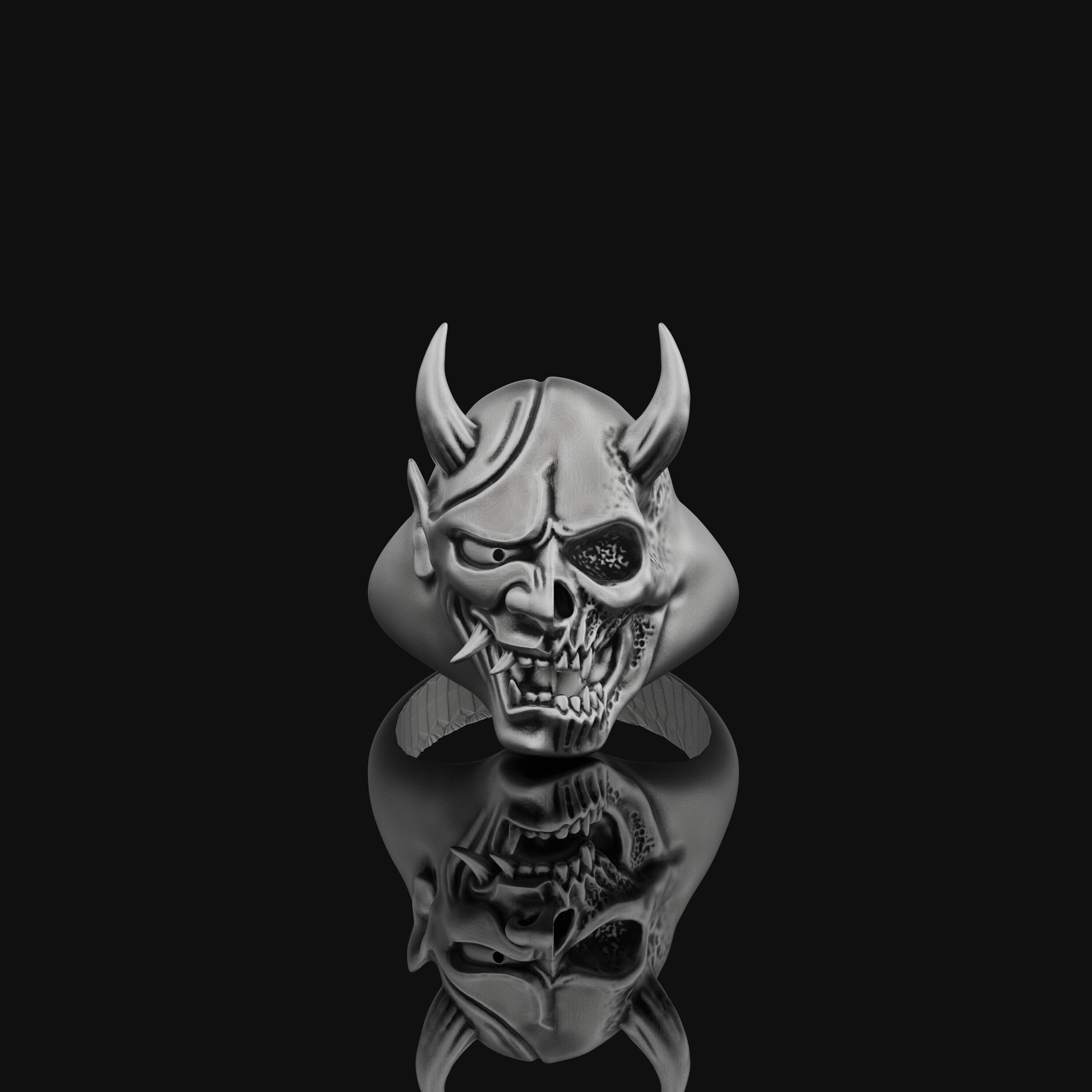Silver Dead Oni Ring, Half-Breed Oni-Hannya Design, Japanese Skull Ring, Unique Yokai Inspired Jewelry, Cultural Mythology Piece Oxidized Finish