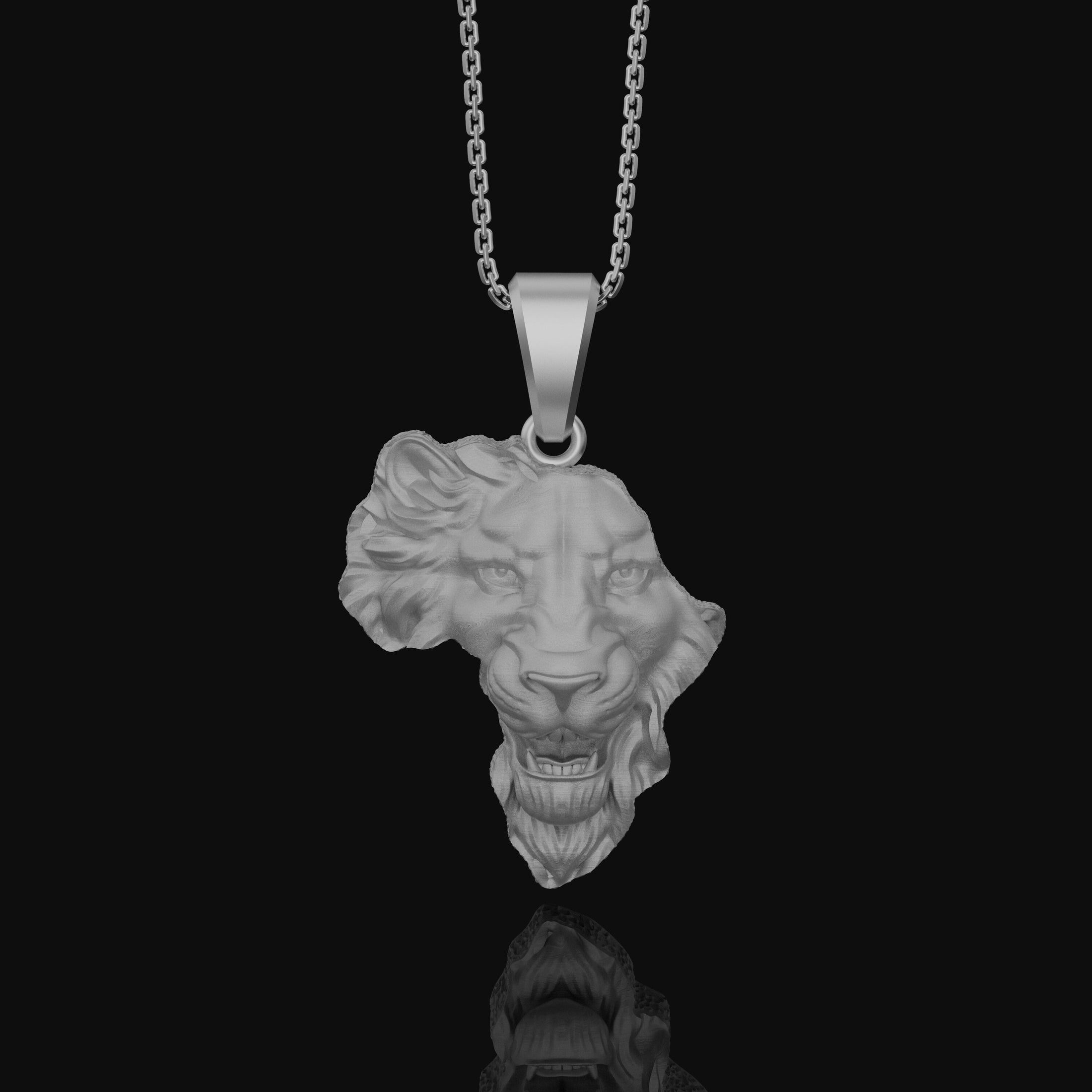 Silver Africa Continent Shaped Lion Head Necklace - Majestic Safari Style Pendant, Elegant Wildlife African Pride Jewelry Polished Matte