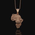 Load image into Gallery viewer, Silver Africa Continent Shaped Lion Head Necklace - Majestic Safari Style Pendant, Elegant Wildlife African Pride Jewelry Rose Gold Matte
