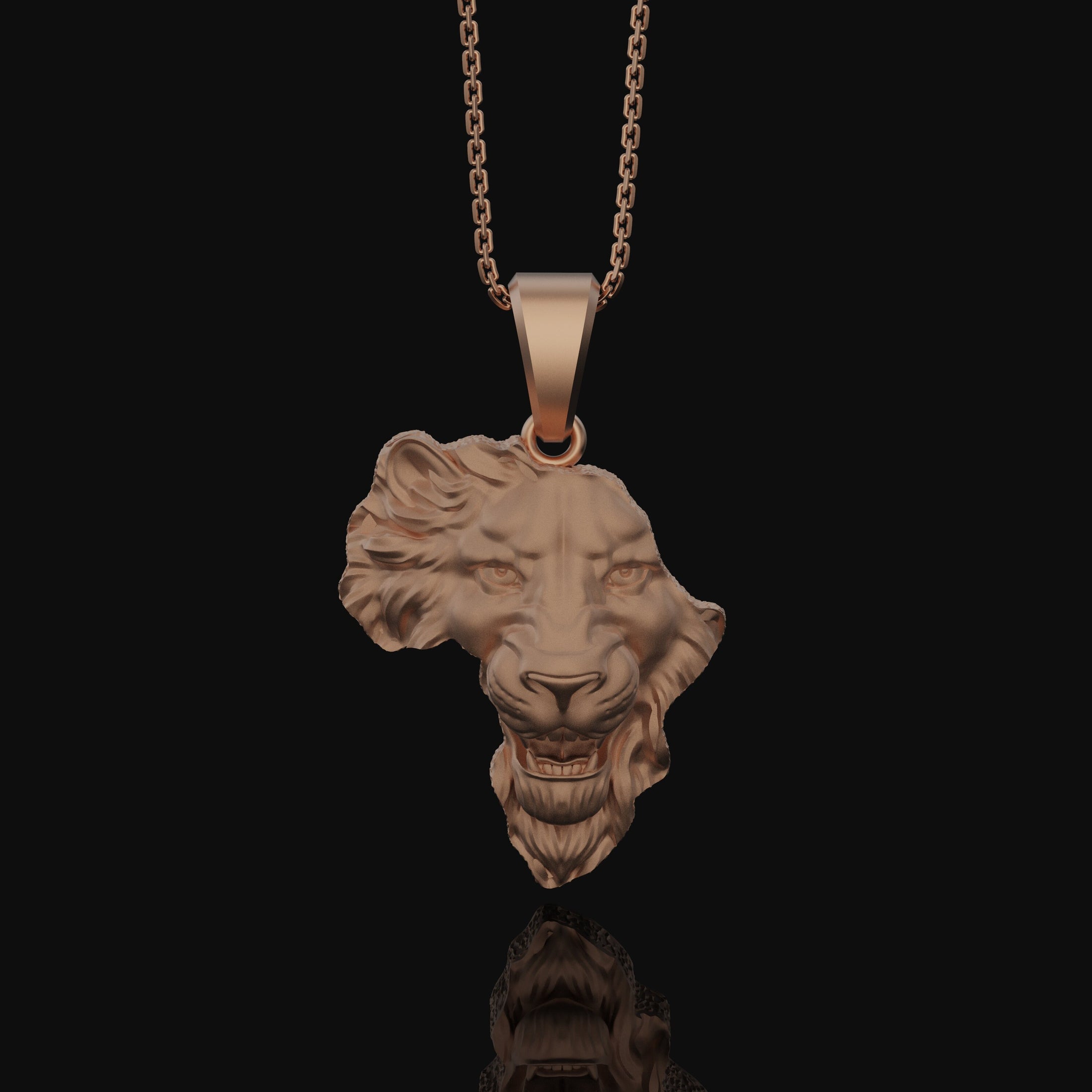 Silver Africa Continent Shaped Lion Head Necklace - Majestic Safari Style Pendant, Elegant Wildlife African Pride Jewelry Rose Gold Matte