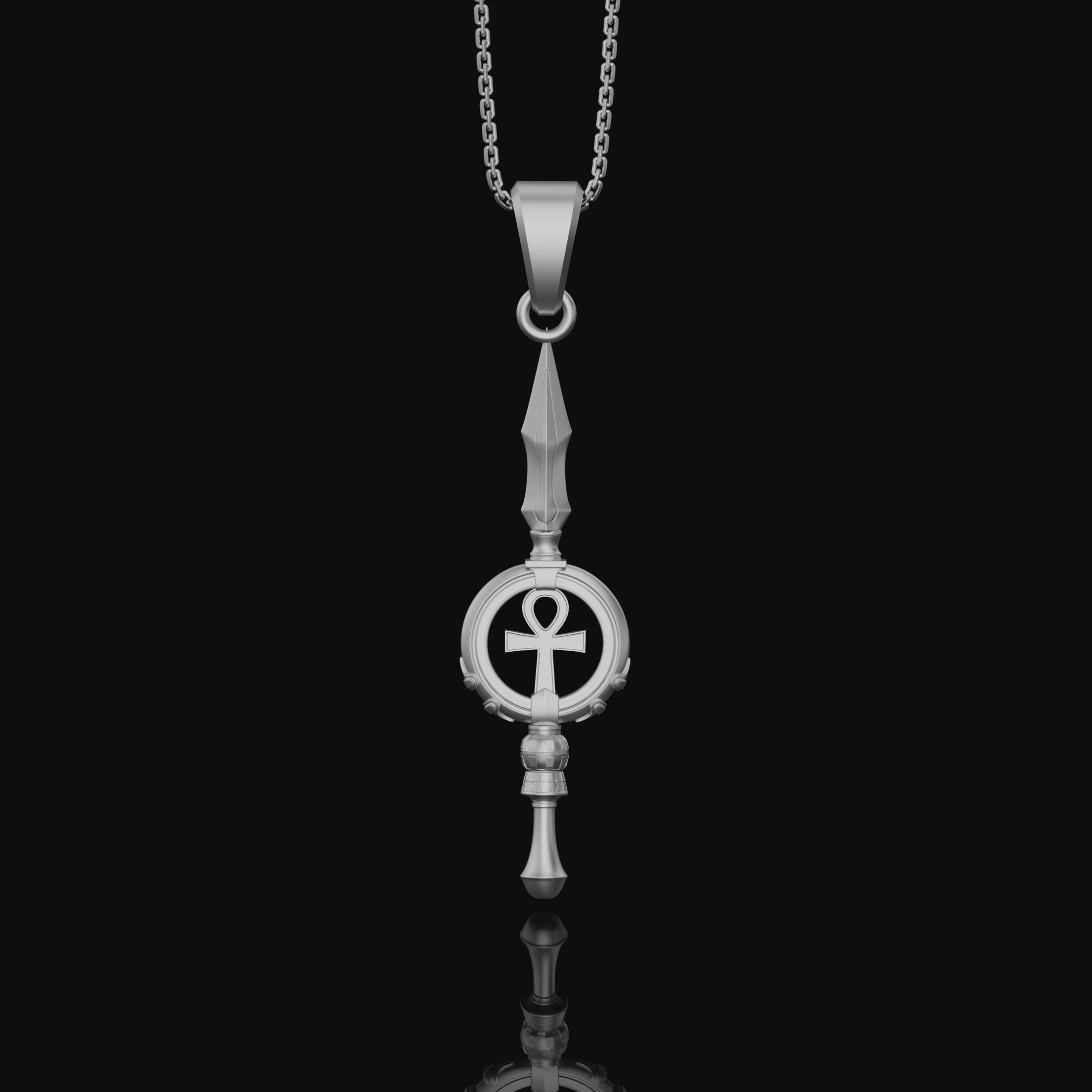 Silver Ankh Key Spear Charm Necklace - Elegant Ancient Egyptian Style, Spiritual Life Symbol, Warrior Inspired Jewelry Polished Finish
