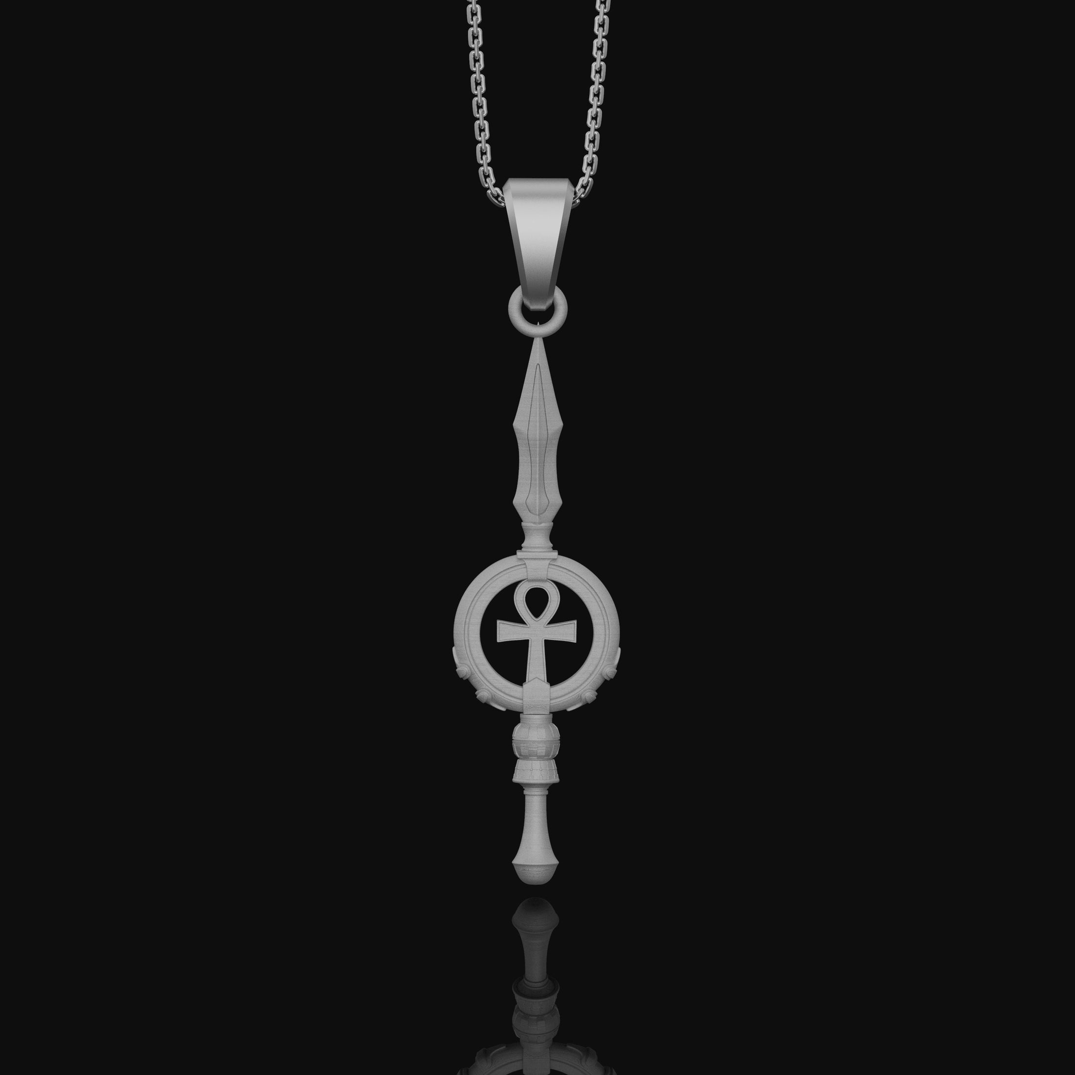 Silver Ankh Key Spear Charm Necklace - Elegant Ancient Egyptian Style, Spiritual Life Symbol, Warrior Inspired Jewelry Polished Matte