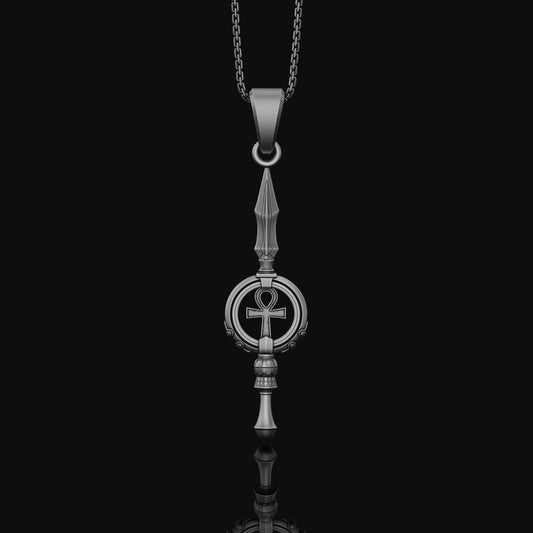 Silver Ankh Key Spear Charm Necklace - Elegant Ancient Egyptian Style, Spiritual Life Symbol, Warrior Inspired Jewelry Oxidized Finish