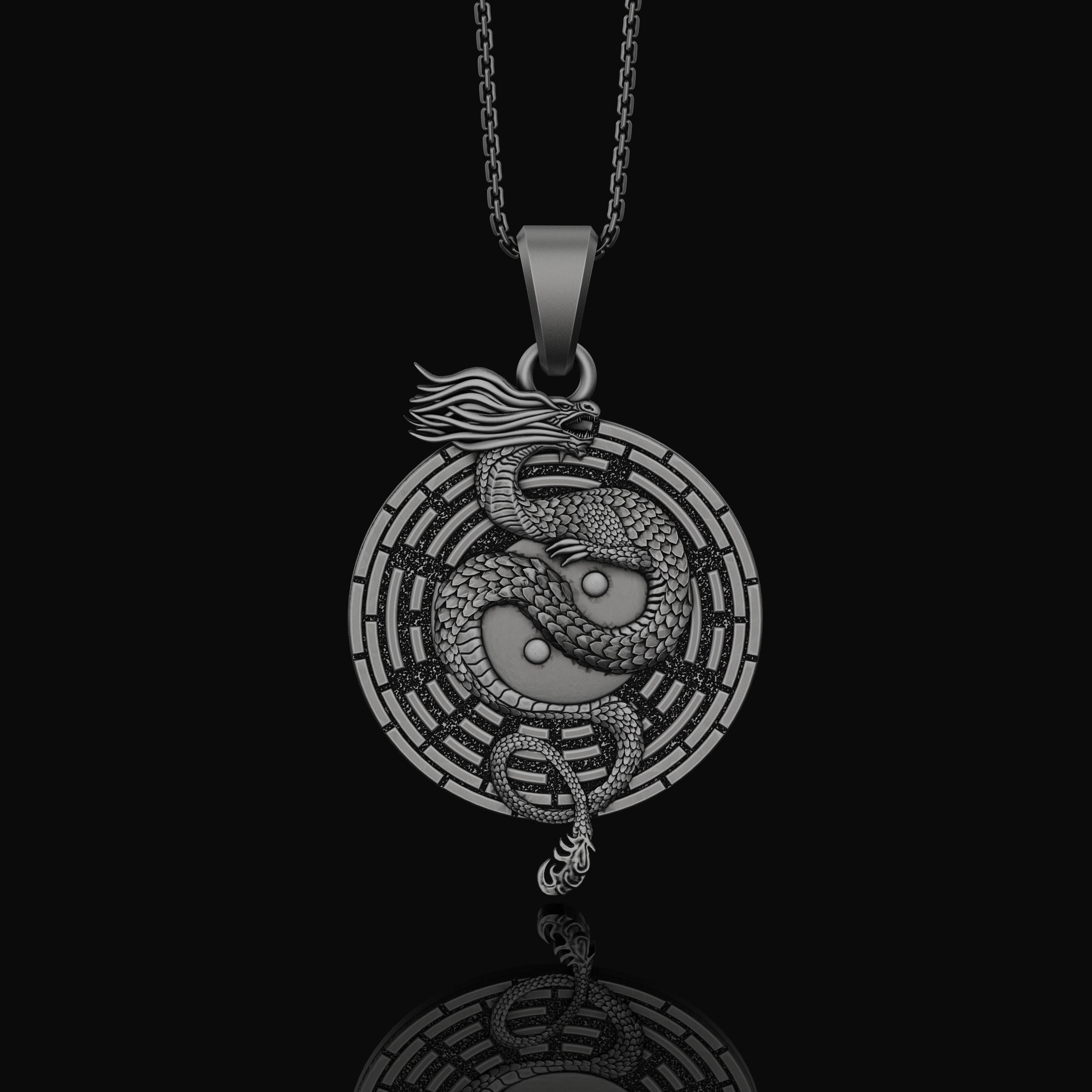 Yin Yang Dragon Necklace - Chinese Serpent Mythical Creature, Embroidered Patch Design, Elegant Yin Yang Symbol Jewelry