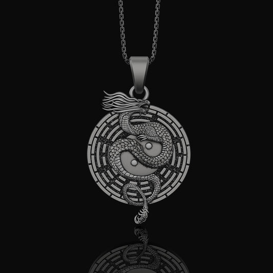 Yin Yang Dragon Necklace - Chinese Serpent Mythical Creature, Embroidered Patch Design, Elegant Yin Yang Symbol Jewelry