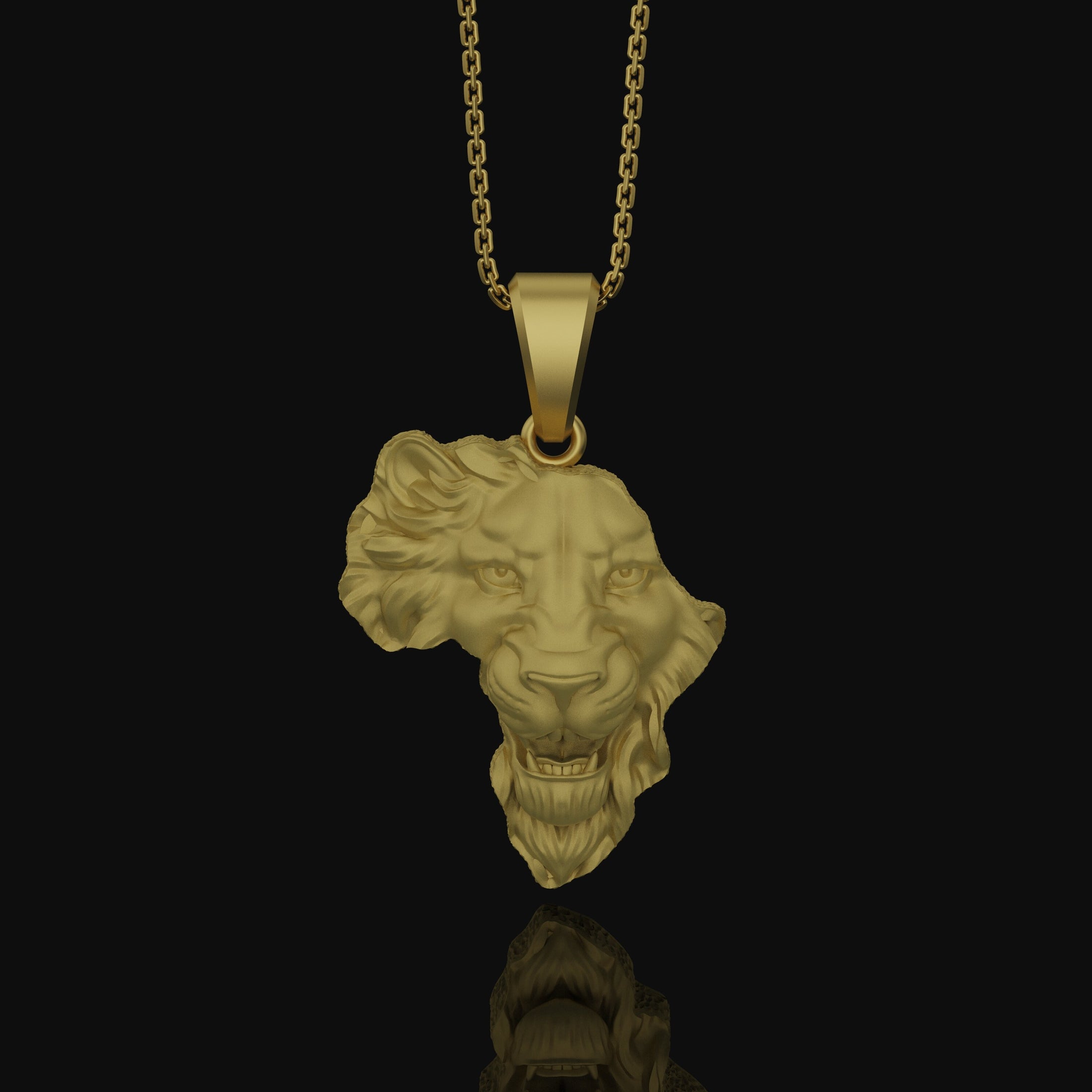 Silver Africa Continent Shaped Lion Head Necklace - Majestic Safari Style Pendant, Elegant Wildlife African Pride Jewelry Gold Matte