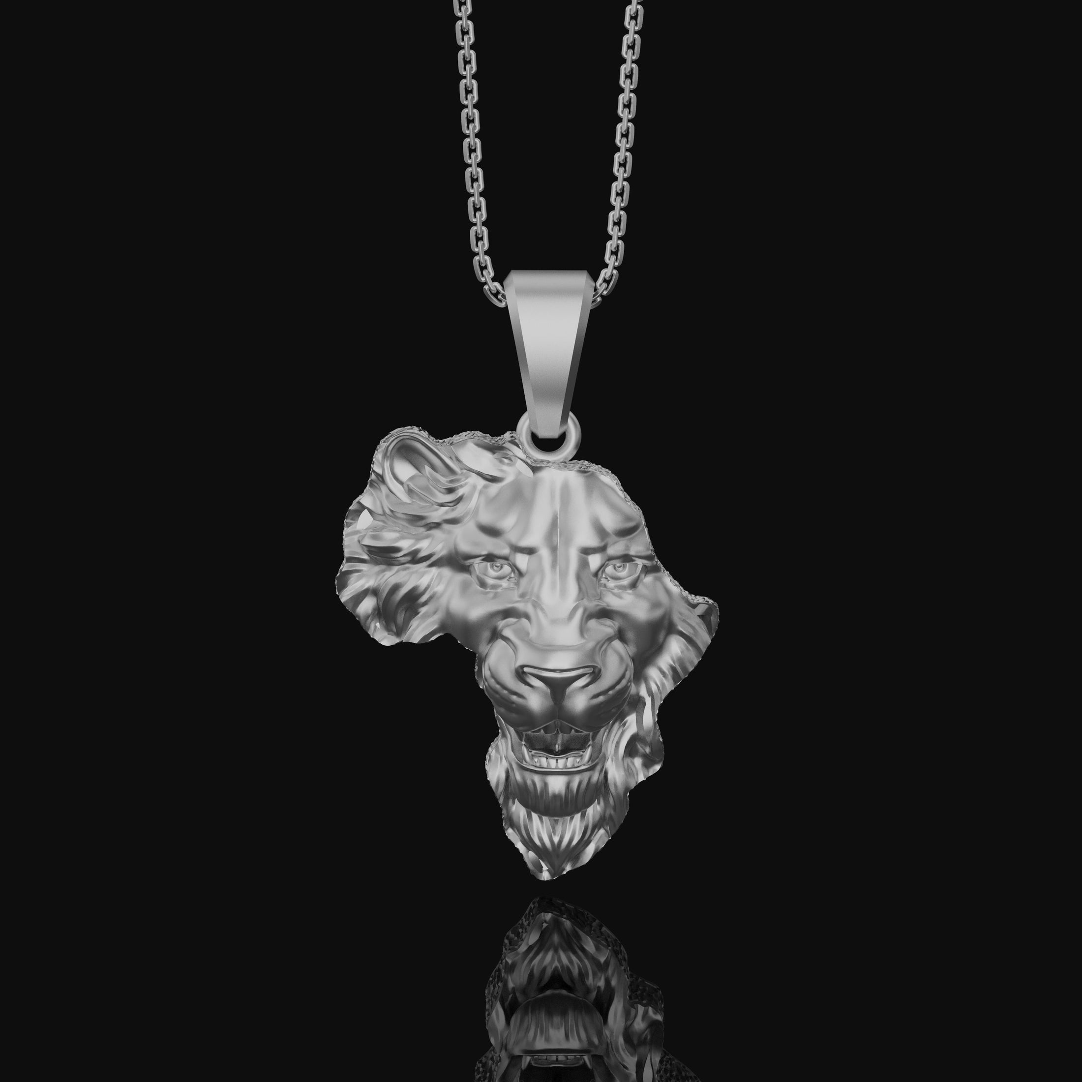 Silver Africa Continent Shaped Lion Head Necklace - Majestic Safari Style Pendant, Elegant Wildlife African Pride Jewelry Polished Finish