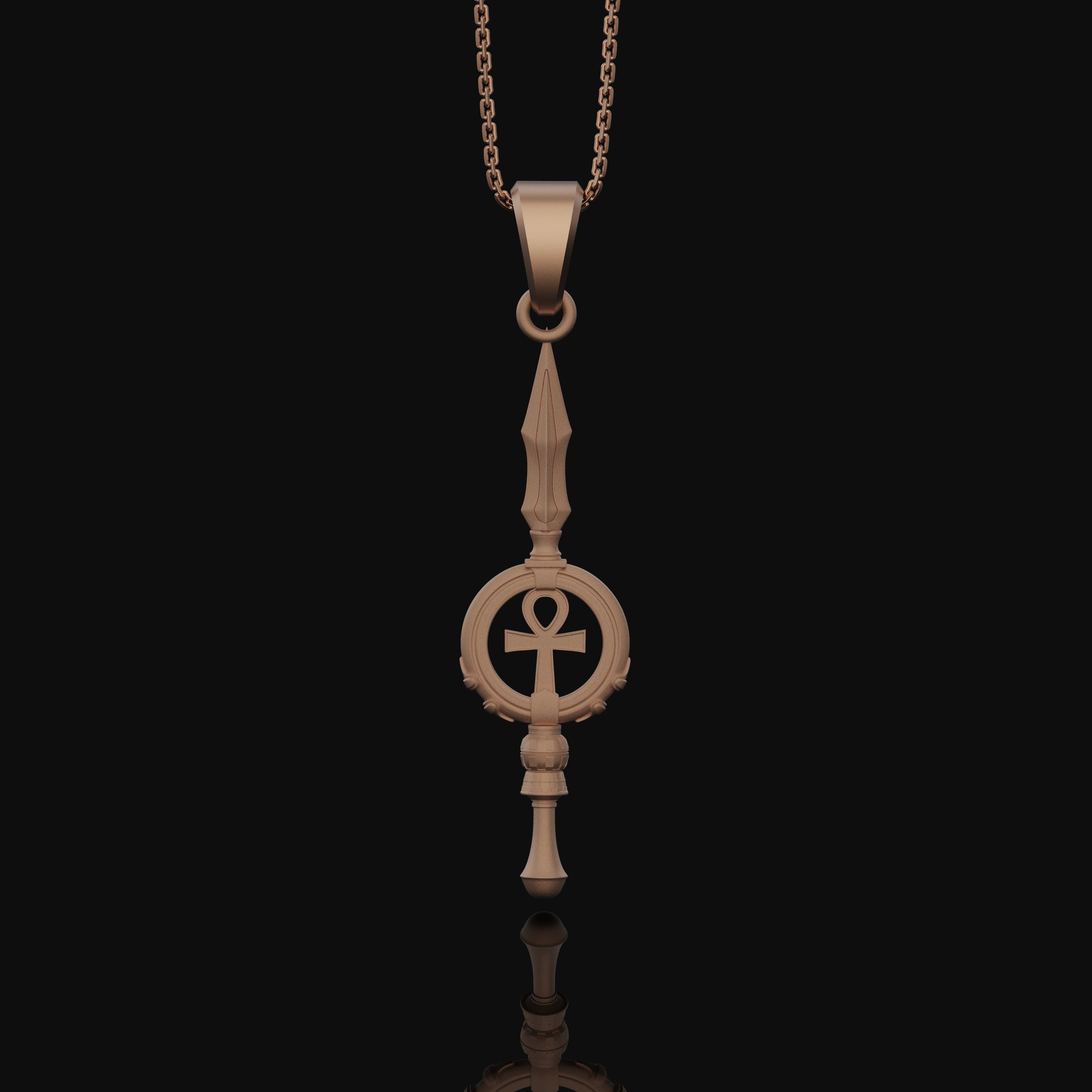 Silver Ankh Key Spear Charm Necklace - Elegant Ancient Egyptian Style, Spiritual Life Symbol, Warrior Inspired Jewelry Rose Gold Matte