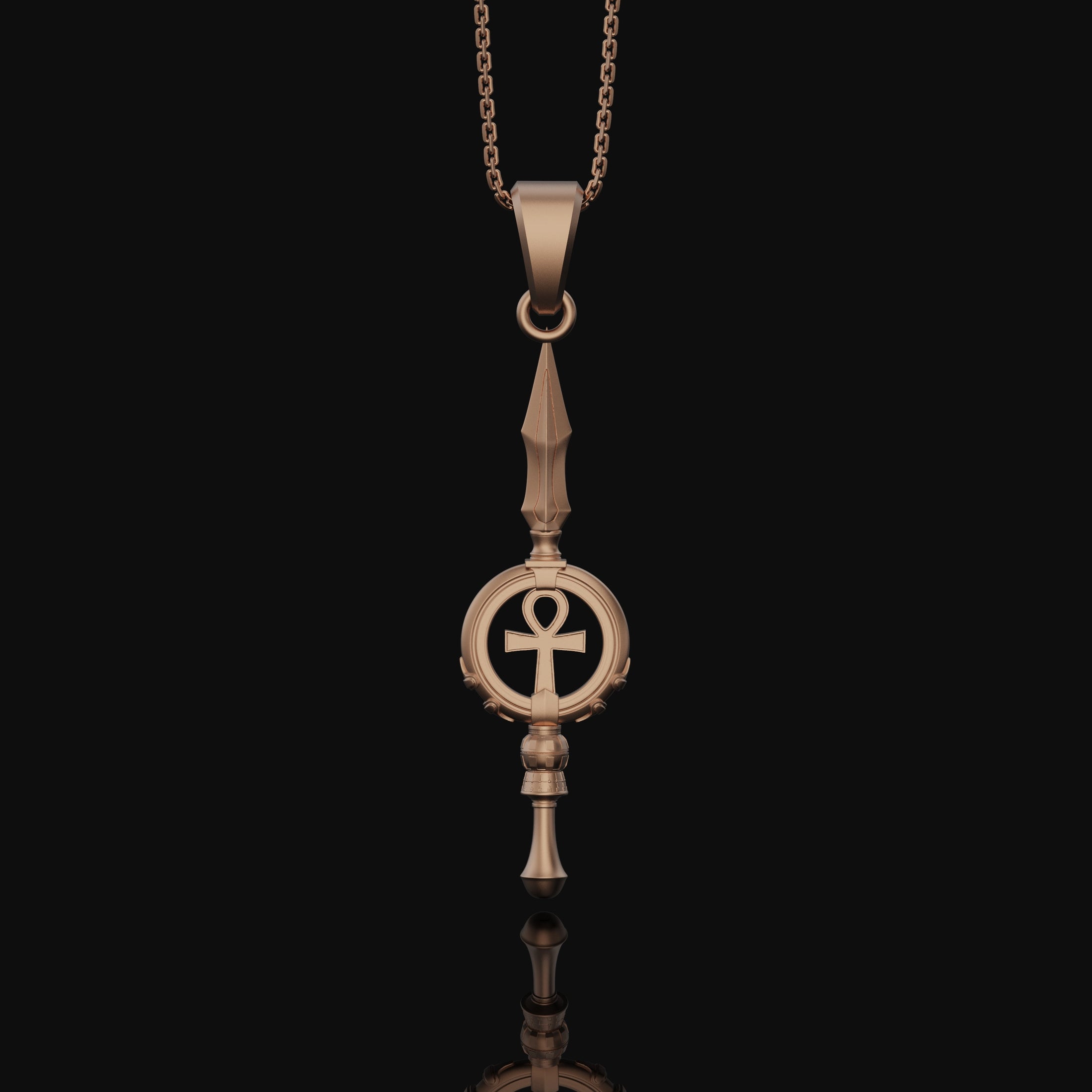 Silver Ankh Key Spear Charm Necklace - Elegant Ancient Egyptian Style, Spiritual Life Symbol, Warrior Inspired Jewelry Rose Gold Finish