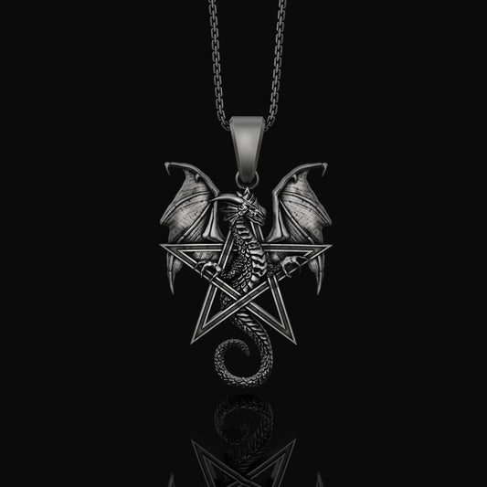 Pentagram Dragon Necklace - Wiccan Gothic Dragon Pendant, Starry Pentacle Charm, Mystical Dragon Jewelry, Enchanted Amulet