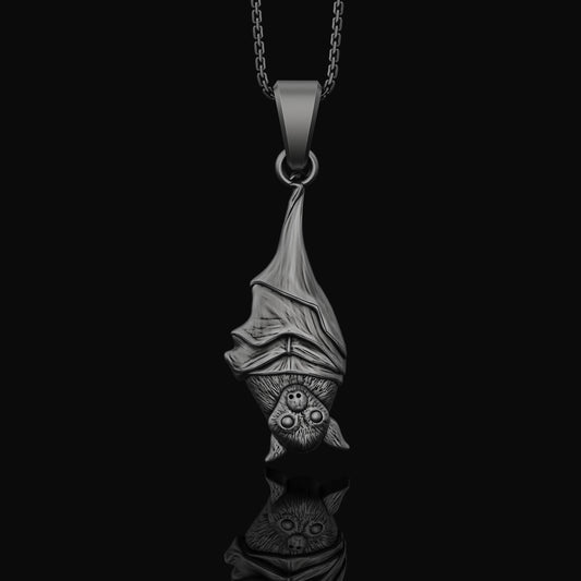 Silver Hanging Bat Necklace - Elegant Gothic Bat Pendant, Spooky Nocturnal Creature Charm, Vampire Inspired Dark Style Jewelry