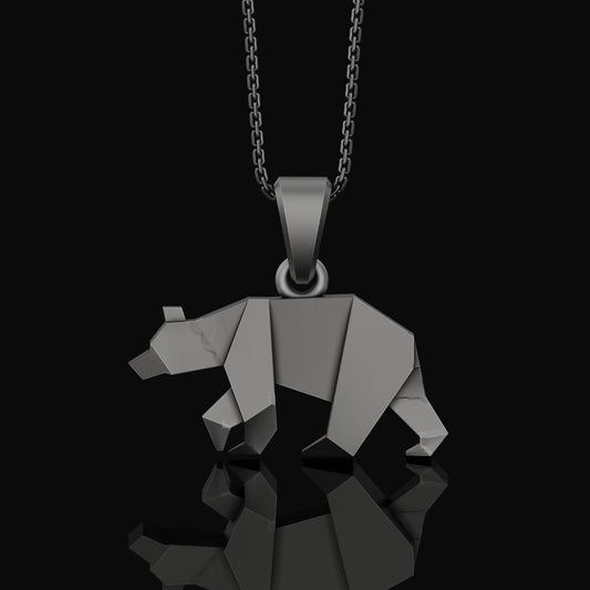 Silver Origami Bear Pendant Charm - Elegant Folded Bear Necklace, Unique Geometric Wildlife Jewelry, Artistic Nature Inspired