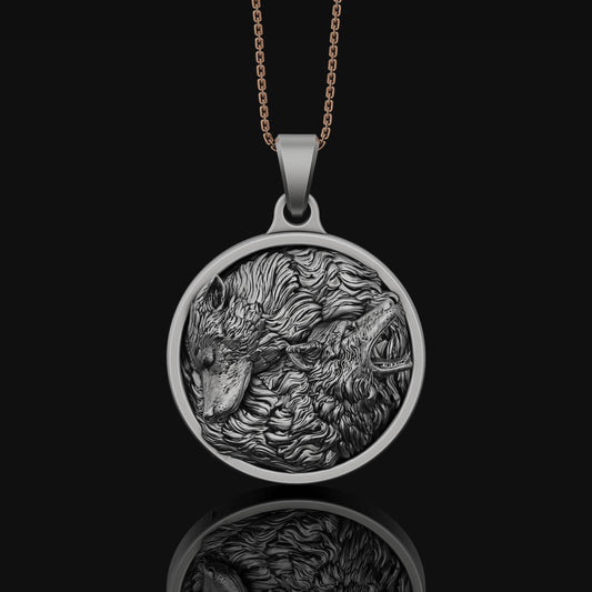 Twin Wolf Pendant Necklace - Silver Men's Wolfpack Jewelry, Alpha Wolves Spirit, Wild Canine Duo Charm, Perfect Gift for Him