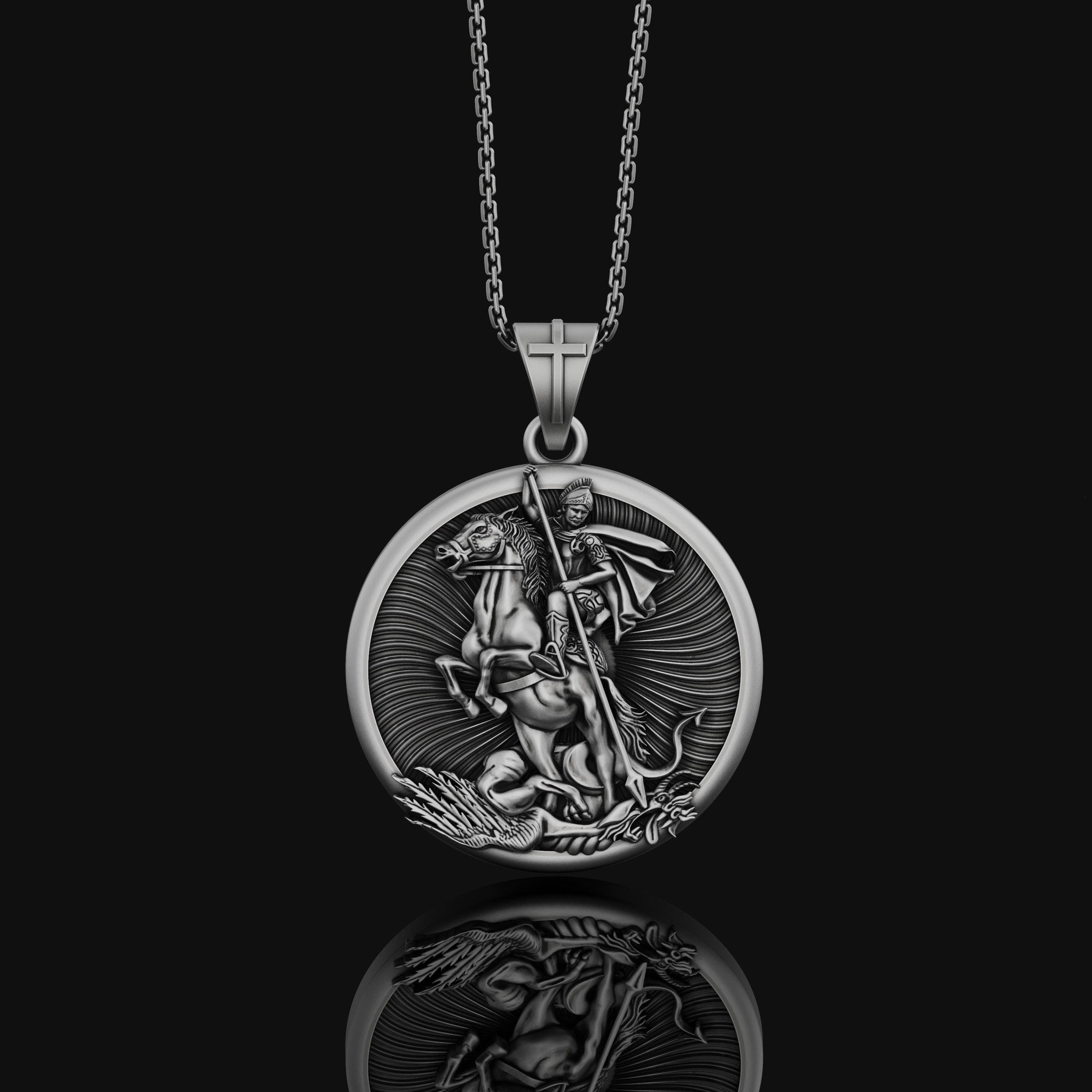 Silver Saint George Necklace - Patron Saint of Soldiers Pendant, Christian Religious Jewelry Gift, Personalized Gift