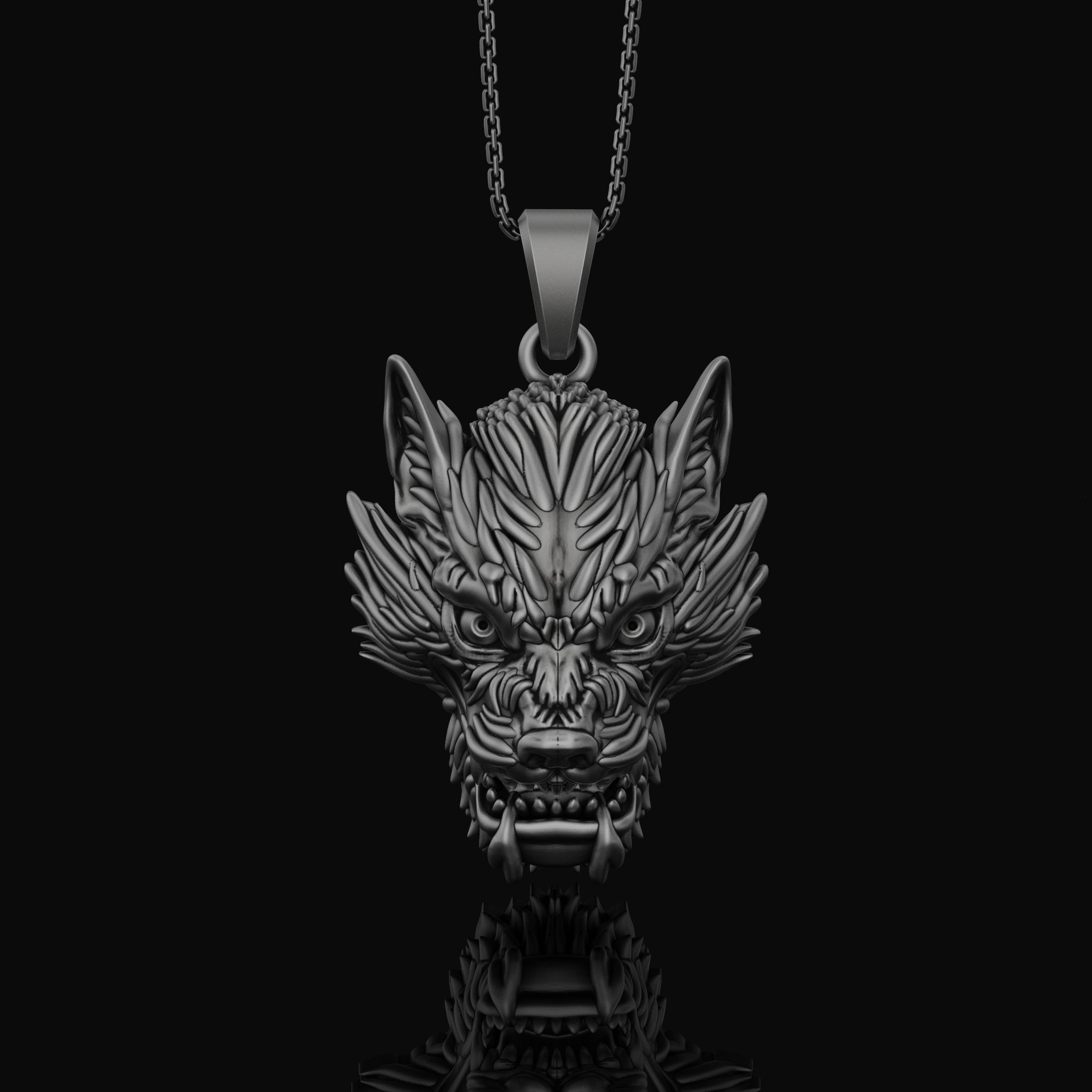 Silver Chinese Dragon Head Pendant - Mythical Dragon Charm Necklace, Oriental Symbol Jewelry Gift
