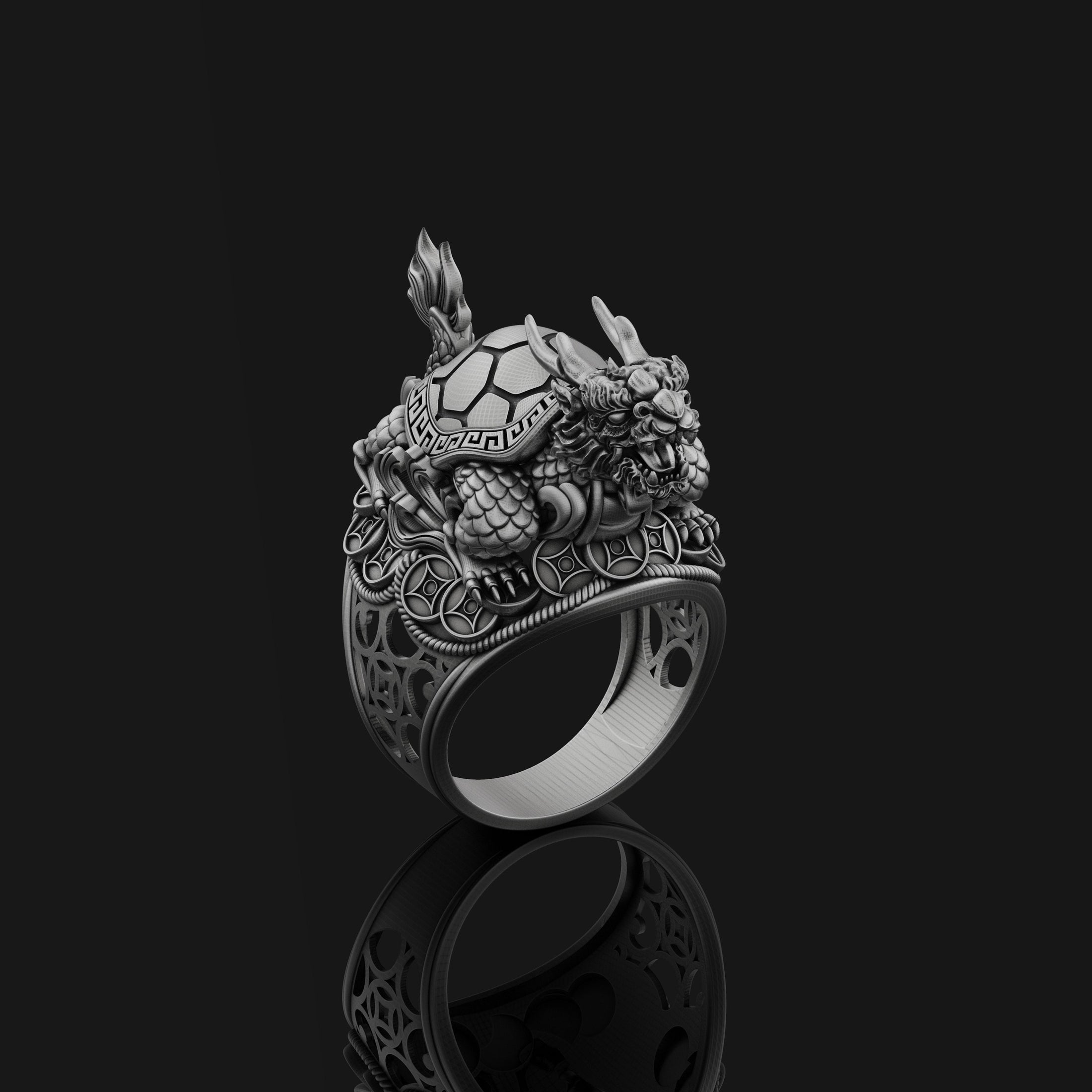 Silver Dragon Turtle Ring - Mythical Creature Jewelry, Eastern Symbolism Ring, Unique Gift for Fantasy Lovers