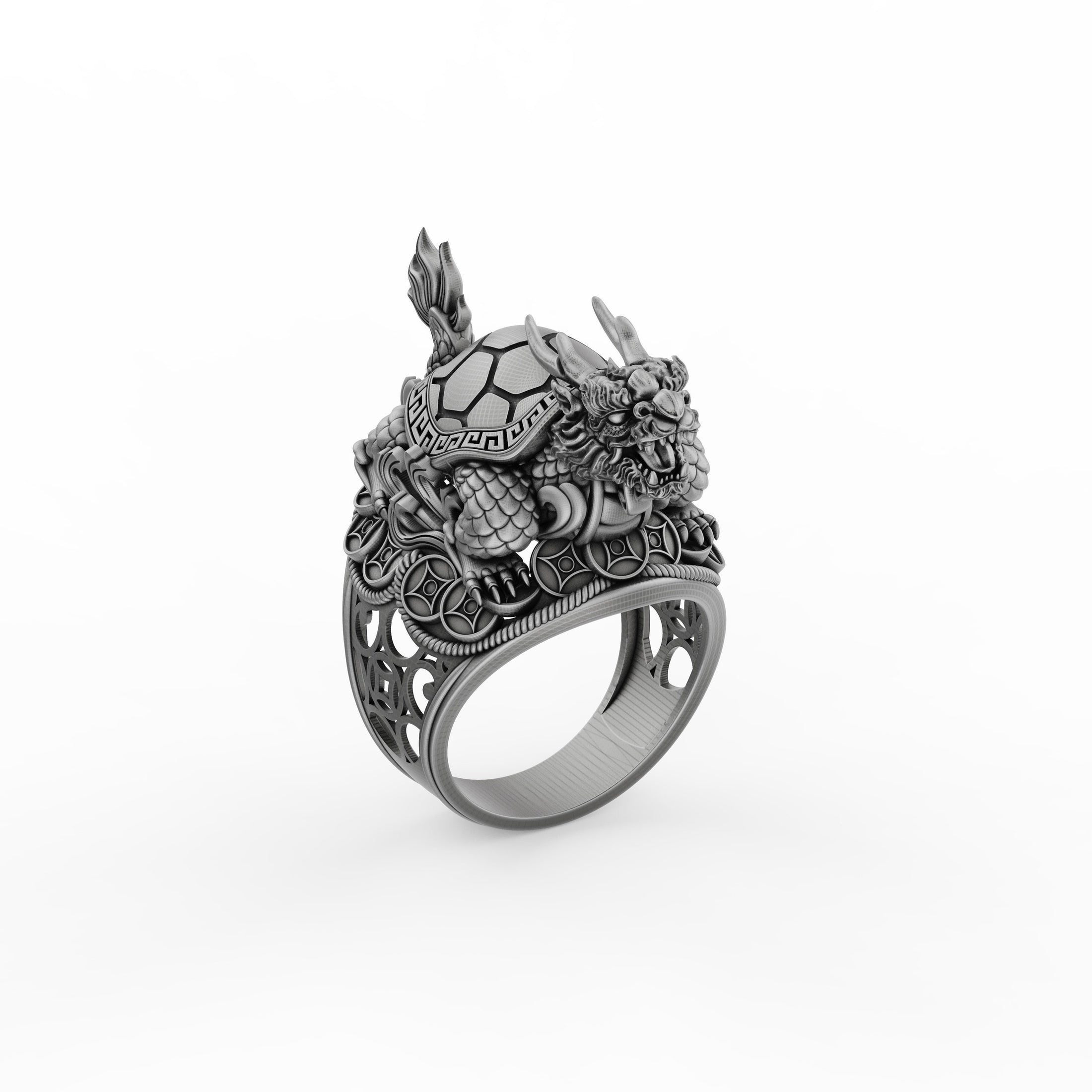 Silver Dragon Turtle Ring - Mythical Creature Jewelry, Eastern Symbolism Ring, Unique Gift for Fantasy Lovers