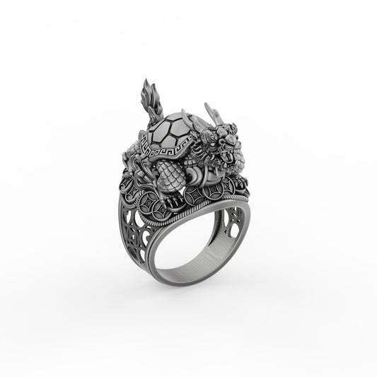 Silver Dragon Turtle Ring - Mythical Creature Jewelry, Eastern Symbolism Ring, Unique Gift for Fantasy Lovers