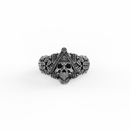 Silver Skull Ring with Eye of Providence - Masonic Illuminati Gothic Band, Esoteric Symbol Jewelry