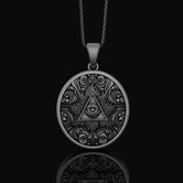 Silver Eye of Providence Pendant - Masonic Medallion, Freemason Symbol Necklace, Illuminati Jewelry