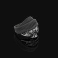 Load image into Gallery viewer, Silver Goggled Skull Ring with Beanie - Biker Skull Jewelry, Punk Gothic Ring, Unique Motorcycle Enthusiast Gift
