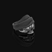 Silver Goggled Skull Ring with Beanie - Biker Skull Jewelry, Punk Gothic Ring, Unique Motorcycle Enthusiast Gift