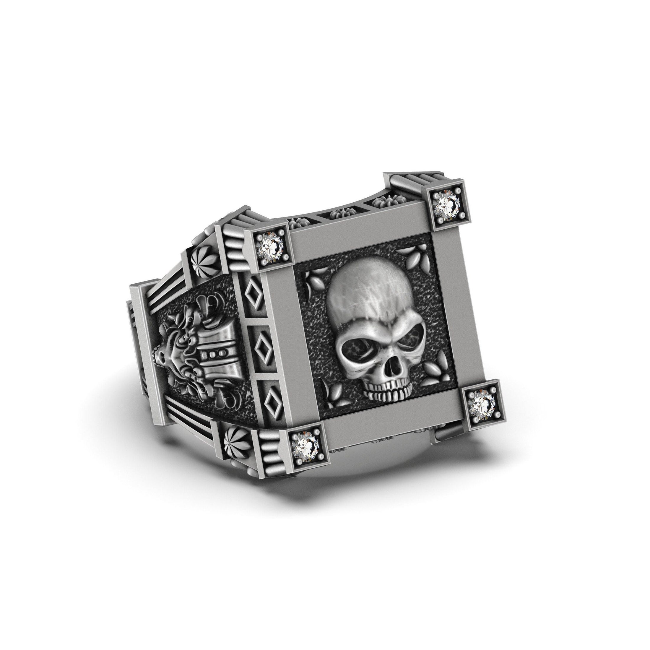 Silver Skull Ring with Swarovski Diamonds - Gothic Jewelry, Edgy Men's Ring, Unique Biker Gift