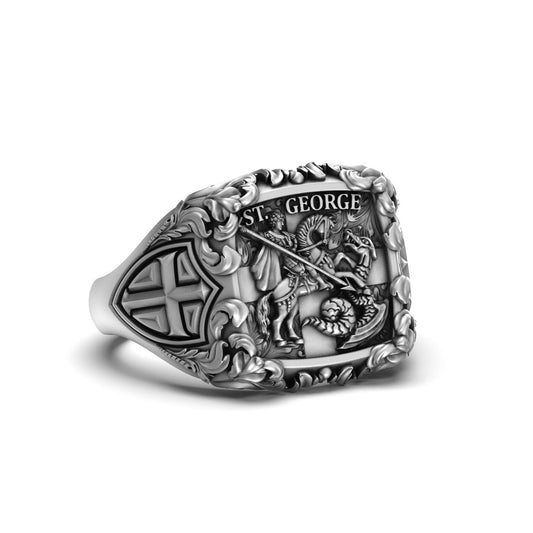 Silver Saint George Ring - Christian Jewelry, Patron Saint Ring, Religious Men's Ring, Symbol of Faith and Protection