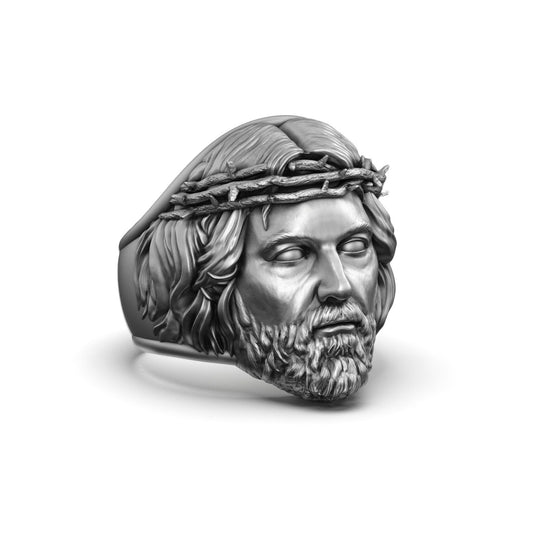 Silver Jesus Ring with Crown of Thorns - Christian Jewelry, Religious Men's Ring, Faith Symbol, Spiritual Gift