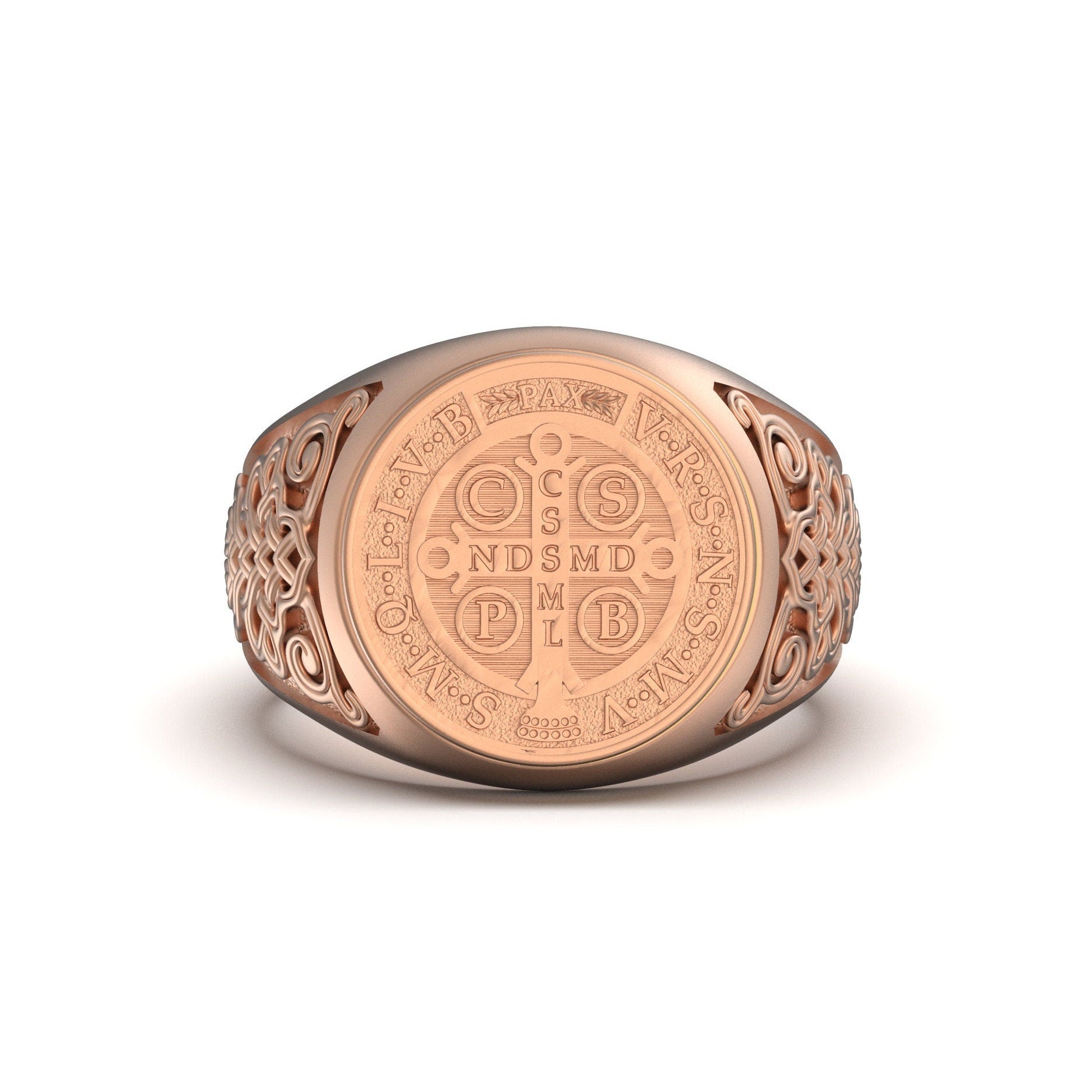 Gold Saint Benedict Ring - Exorcism Medal Ring in Rose, White, Yellow Gold, Protective Christian Jewelry