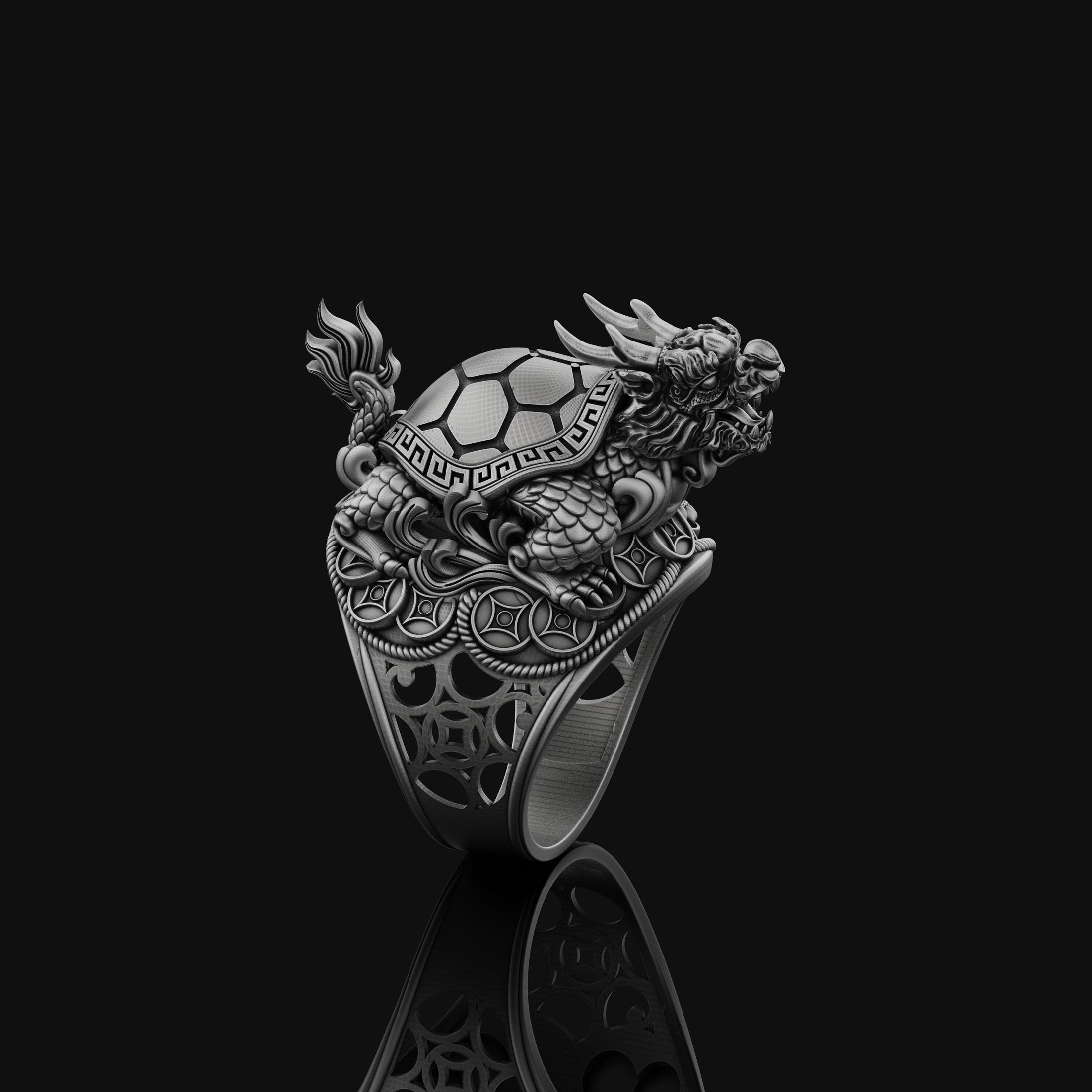 Silver Dragon Turtle Ring - Mythical Creature Jewelry, Eastern Symbolism Ring, Unique Gift for Fantasy Lovers