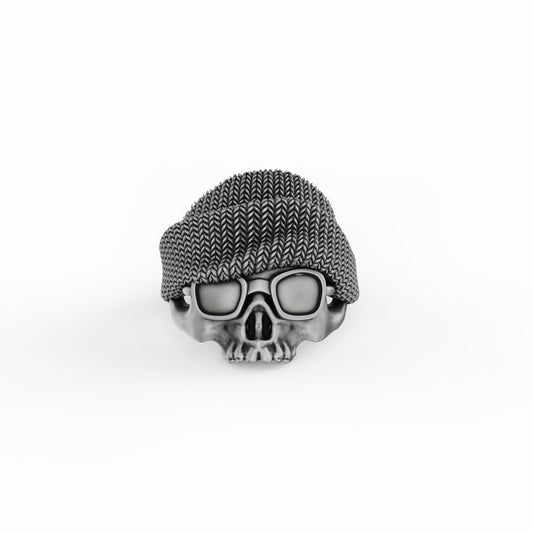Silver Goggled Skull Ring with Beanie - Biker Skull Jewelry, Punk Gothic Ring, Unique Motorcycle Enthusiast Gift