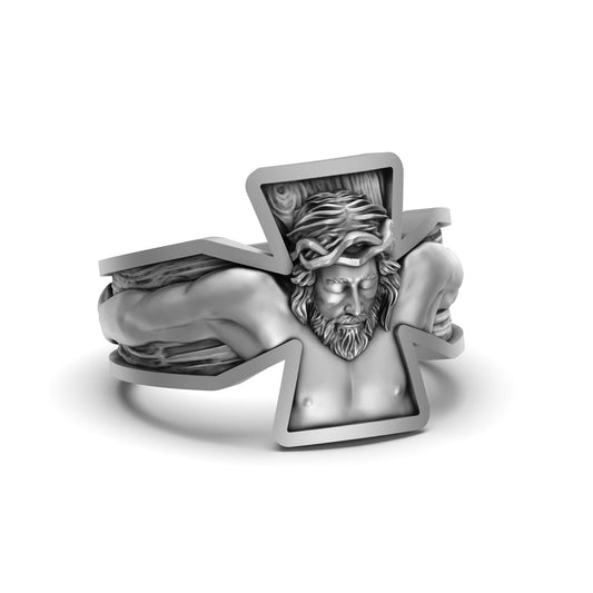 Silver Jesus Crucifixion Band - Religious Jewelry, Christian Faith Ring, Symbolic Gift, Elegant Spiritual Band