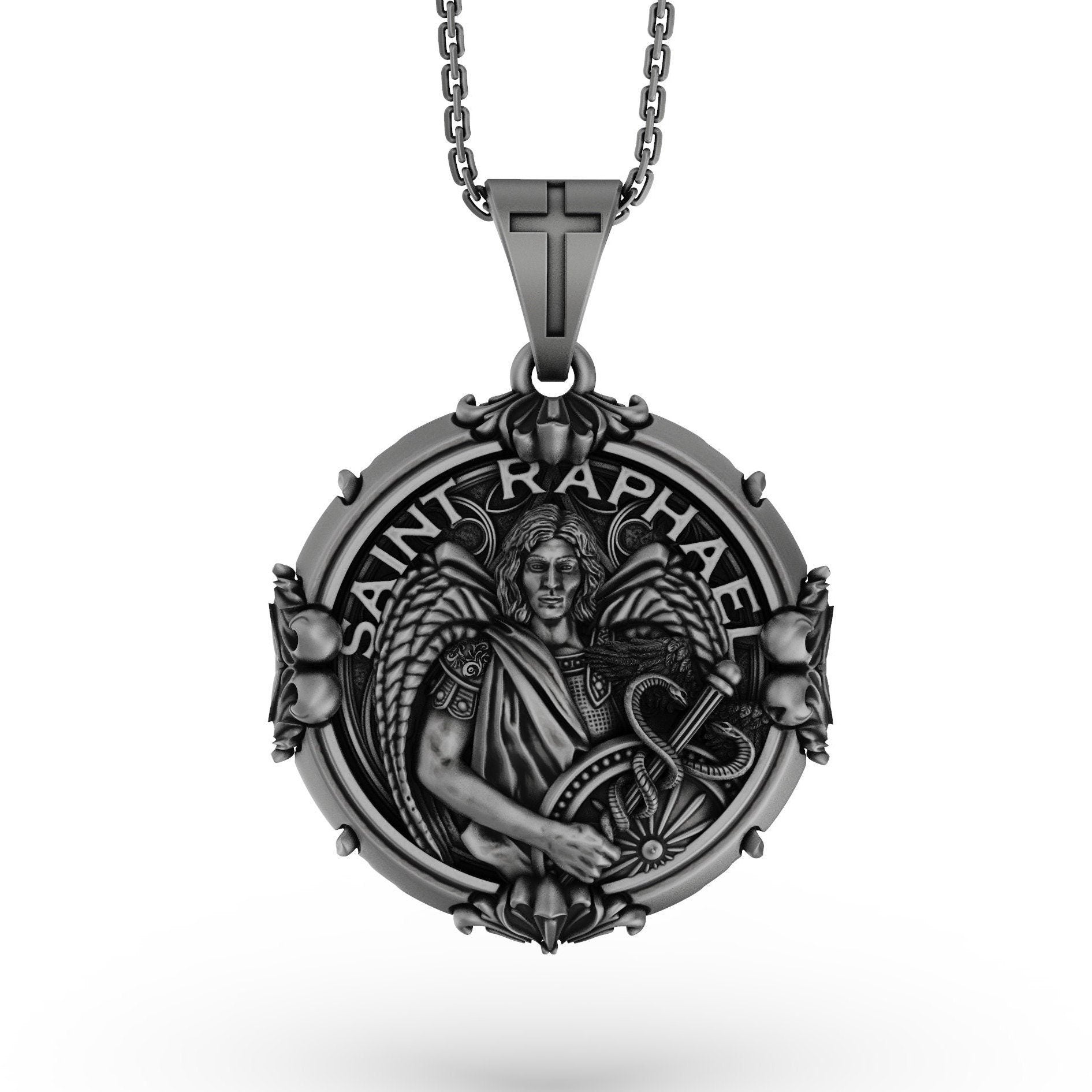 Silver Saint Raphael Pendant - Archangel Raphael Necklace, Healing Angel Jewelry, Christian Spiritual Gift