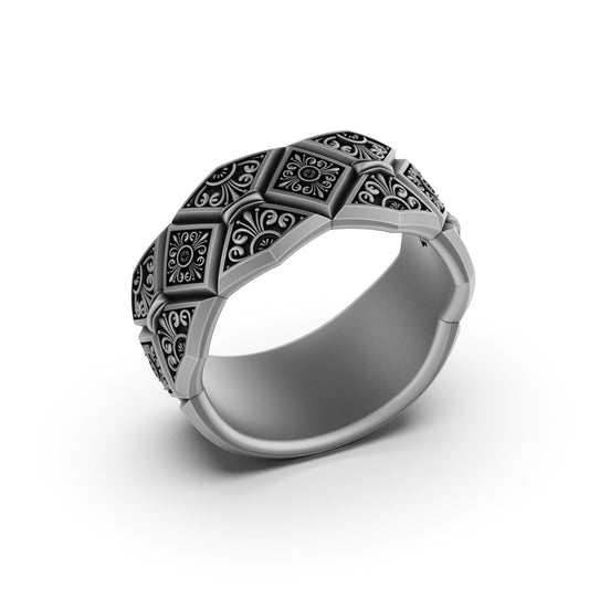 Silver Floral Geometric Wedding Band, Sterling Silver, Anniversary Ring, Birthday Gift, Engagement Ring, Men's Wedding Band