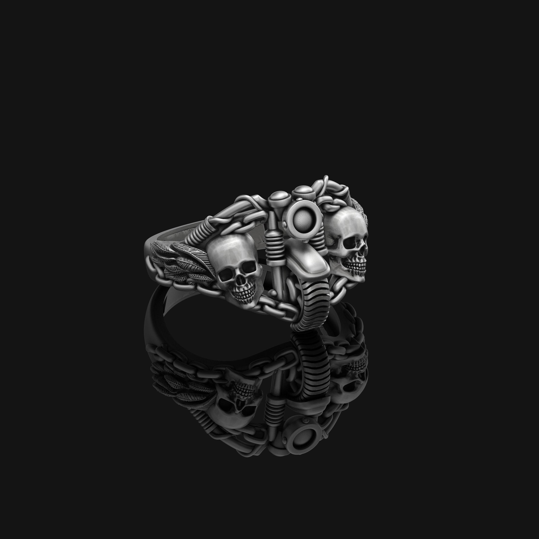Silver Double Skull Motorcycle Ring - Gothic Biker Jewelry, Edgy Men's Skull Ring, Unique Biker Gift