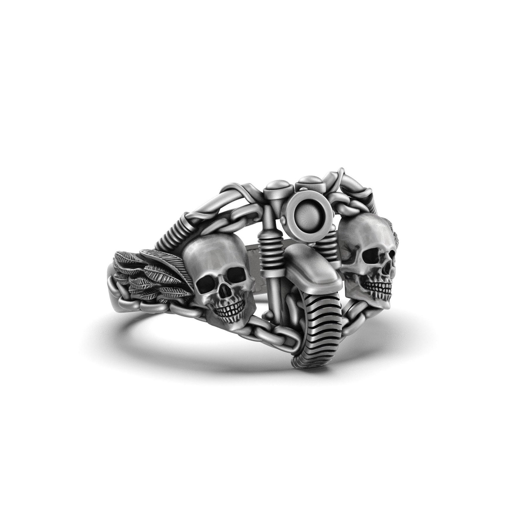 Silver Double Skull Motorcycle Ring - Gothic Biker Jewelry, Edgy Men's Skull Ring, Unique Biker Gift