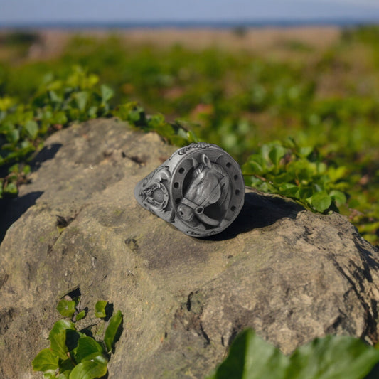 Silver Horse Ring with Lucky Horseshoe - Equestrian Jewelry, Symbol of Luck, Unique Gift for Horse Lovers