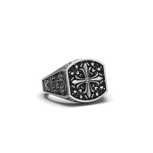 Silver Baroque Pattern Cross Ring - Christian Jewelry, Elegant Faith Symbol, Unique Religious Gift