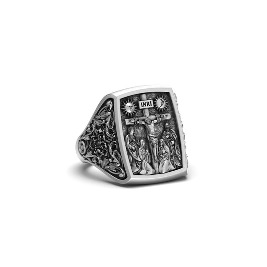 Silver Jesus INRI Cross Ring - Christian Jewelry, Elegant Faith Symbol, Unique Religious Gift