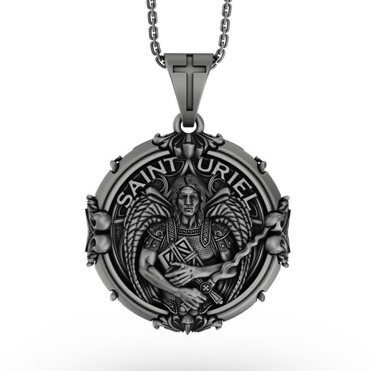 Silver Saint Uriel Pendant - Archangel Uriel Necklace, Guardian Angel Jewelry, Spiritual Christian Gift