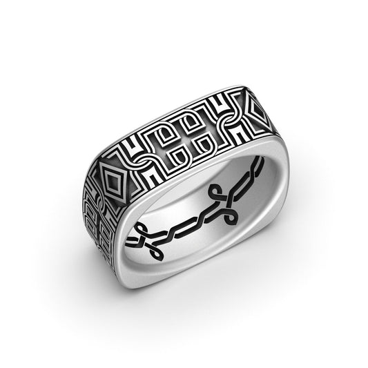 Silver Architectural Motif Band - Unique Wedding Ring, Elegant Design, Symbolic Jewelry, Perfect Bridal Gift