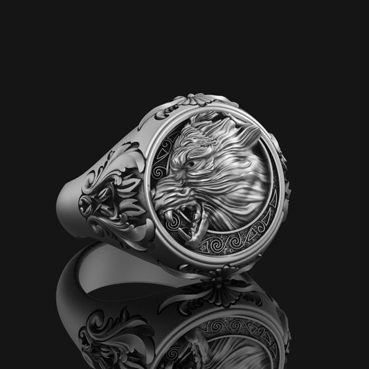 Silver Fenrir Wolf of the Moon Ring - Celtic Norse Mythology Jewelry, Unique Men's Ring, Viking Symbol Gift