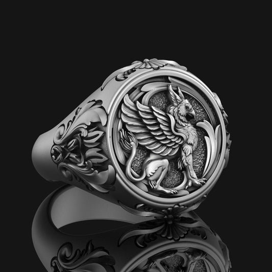 Silver Griffon Ring - Mythical Griffin Jewelry, Unique Gryphon Accessory, Elegant Fantasy Gift
