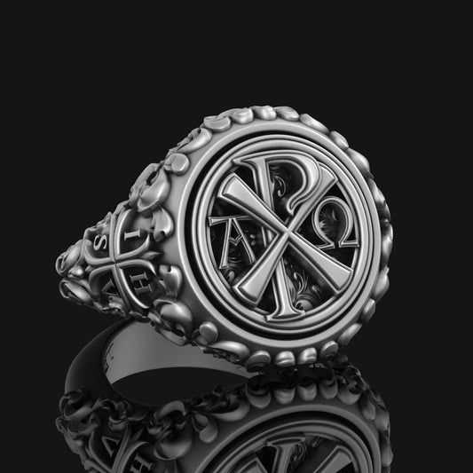 Silver APXΩ Ring - Byzantine Christian Chevalier, Alpha and Omega Jewelry, Unique Religious Gift