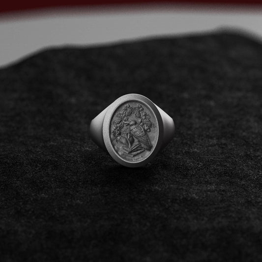 Huginn and Muninn Raven of Odin Signet Ring in Oxidized Silver, Norse Mythology Engraved Pinky Ring For Men, Viking Ring