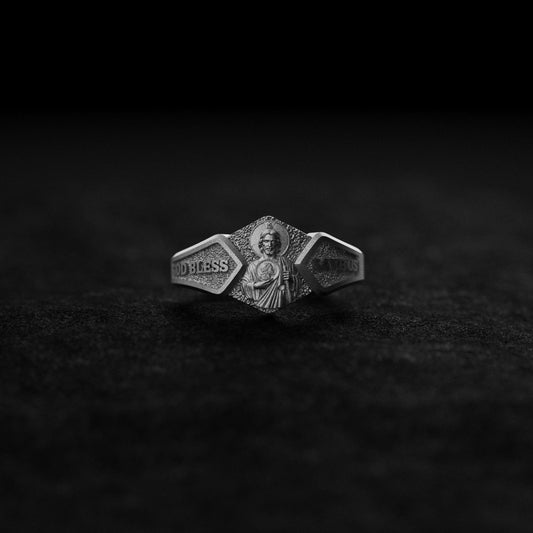 Silver Saint Jude Band Ring - God Bless and Save Us, Christian Protection Jewelry, Faith-Inspired Accessory for Him & Her