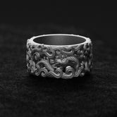 Silver Dragon in Clouds Band Ring - Asian Serpent Dragon Jewelry, Unique Nature-Inspired Ring for Men & Women